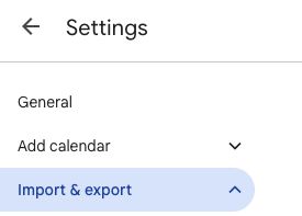 Google Calendar Settings with Import & export selected in the left menu