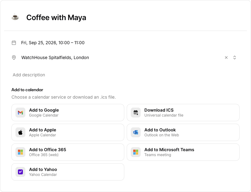 An event created from text: Coffee with Maya, with its date, time, location, and calendar options.